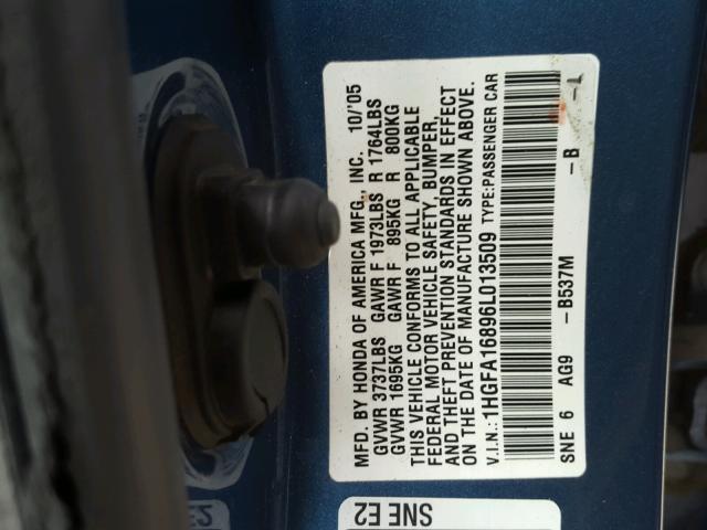 1HGFA16896L013509 - 2006 HONDA CIVIC EX Mavi foto 10
