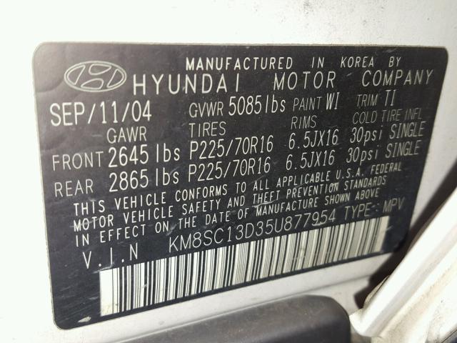 KM8SC13D35U877954 - 2005 HYUNDAI SANTA FE WHITE photo 10