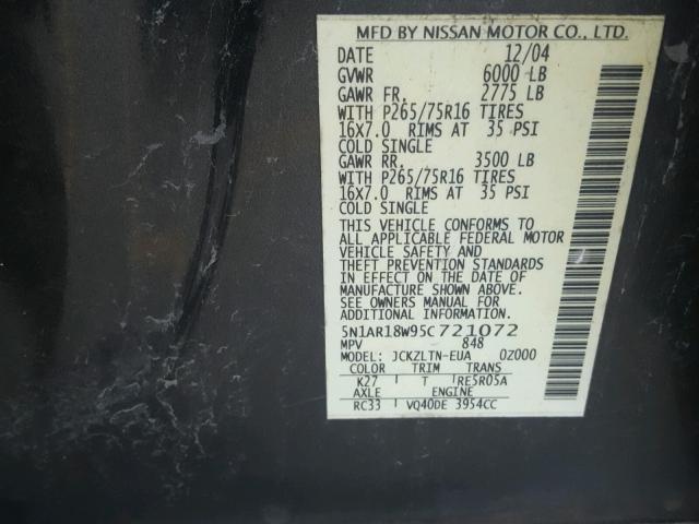 5N1AR18W95C721072 - 2005 NISSAN PATHFINDER GRAY photo 10