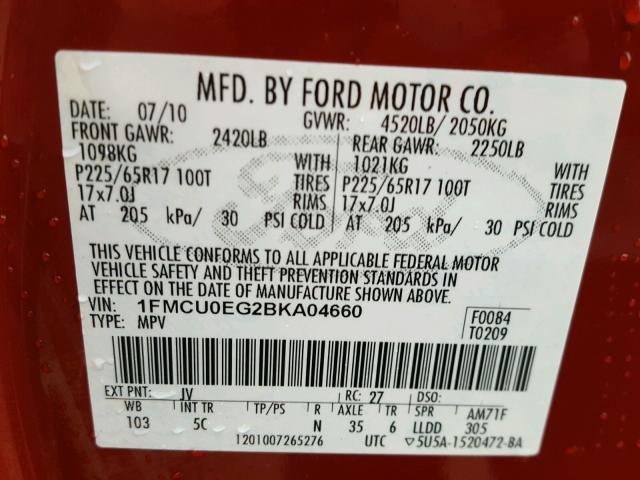 1FMCU0EG2BKA04660 - 2011 FORD ESCAPE LIM RED photo 10