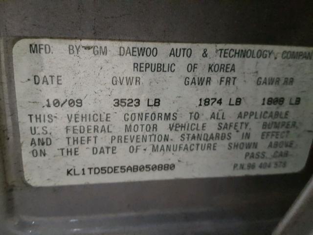 KL1TD5DE5AB050880 - 2010 CHEVROLET AVEO LS 灰色 照片 10