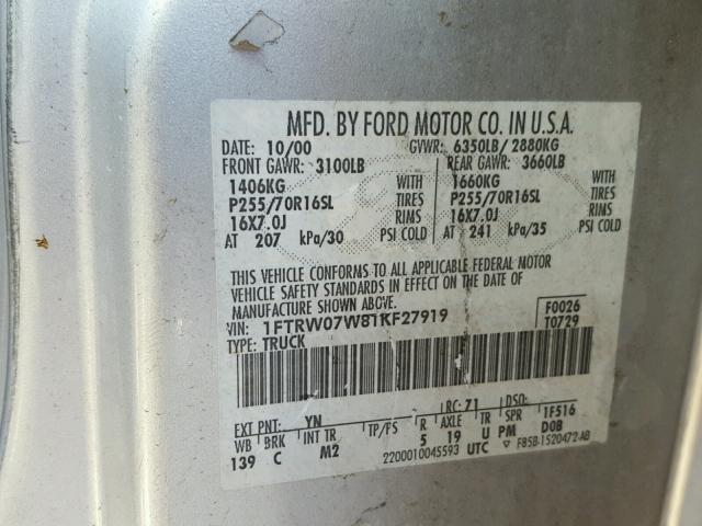 1FTRW07W81KF27919 - 2001 FORD F150 SILVER photo 10