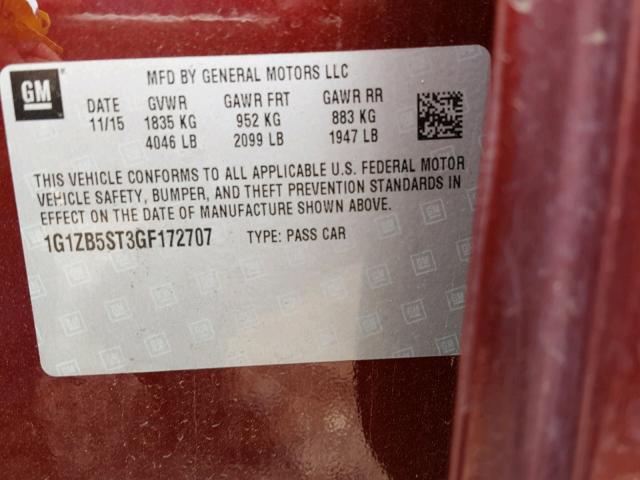 1G1ZB5ST3GF172707 - 2016 CHEVROLET MALIBU LS 栗色 照片 10