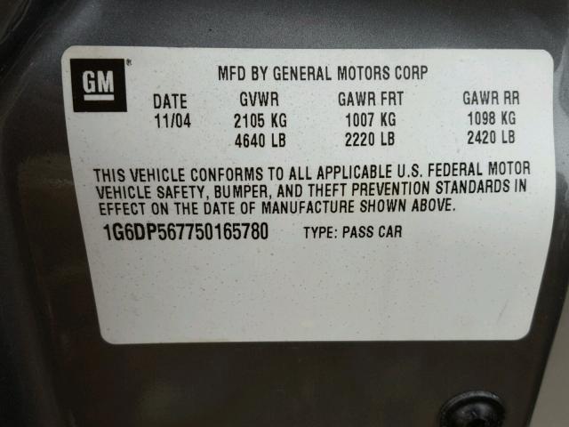 1G6DP567750165780 - 2005 CADILLAC CTS HI FEA GRAY photo 10