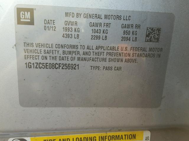 1G1ZC5E08CF256921 - 2012 CHEVROLET MALIBU 1LT SILVER photo 10