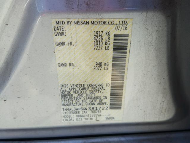 1N4AL3AP6GN381722 - 2016 NISSAN ALTIMA 2.5 GRAY photo 10