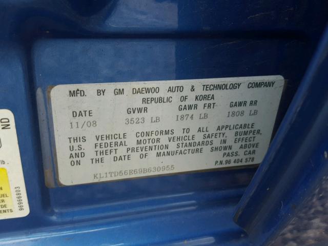 KL1TD56E69B630955 - 2009 CHEVROLET AVEO LS BLUE photo 10