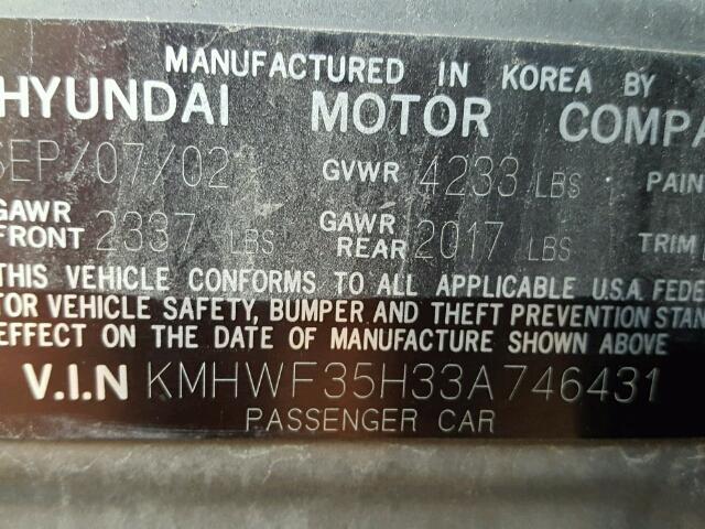 KMHWF35H33A746431 - 2003 HYUNDAI SONATA GLS GRAY photo 10