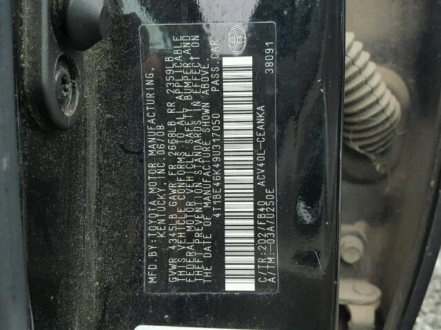 4T1BE46K49U317050 - 2009 TOYOTA CAMRY BASE BLACK photo 10