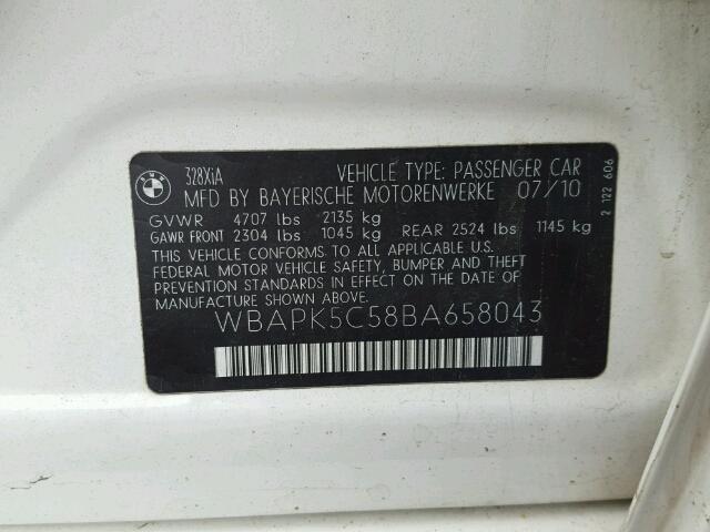 WBAPK5C58BA658043 - 2011 BMW 328 XI SUL WHITE photo 10