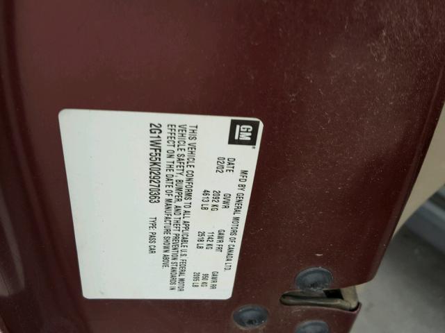 2G1WF55K029270363 - 2002 CHEVROLET IMPALA RED photo 10