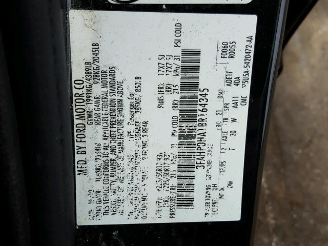 3FAHP0HA1BR164345 - 2011 FORD FUSION SE BLACK photo 10