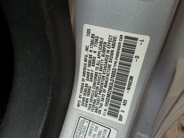 1HGEM22963L076053 - 2003 HONDA CIVIC EX SILVER photo 10