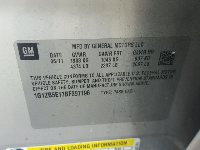 1G1ZB5E17BF397196 - 2011 CHEVROLET MALIBU LS Gümüş foto 10