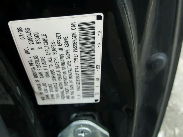 1HGCS22838A017744 - 2008 HONDA ACCORD EXL BLACK photo 10