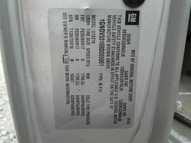 1GNDV33168D205861 - 2008 CHEVROLET UPLANDER L SILVER photo 10