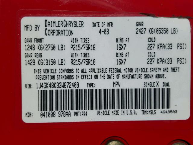 1J4GK48K33W672409 - 2003 JEEP LIBERTY SP RED photo 10