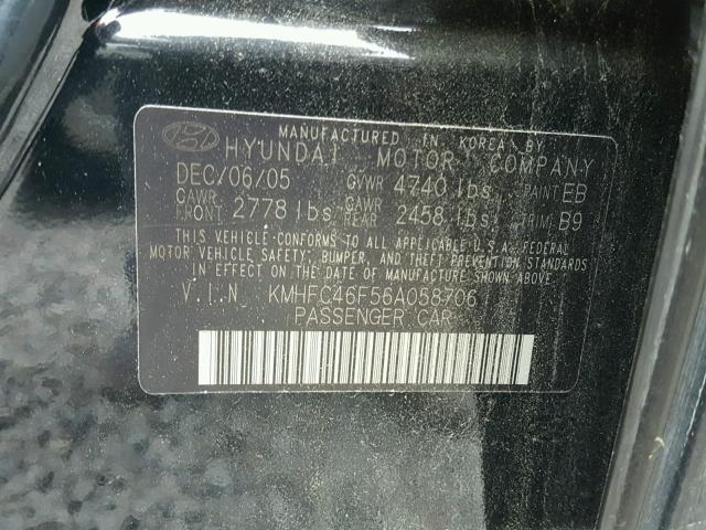 KMHFC46F56A058706 - 2006 HYUNDAI AZERA SE BLACK photo 10