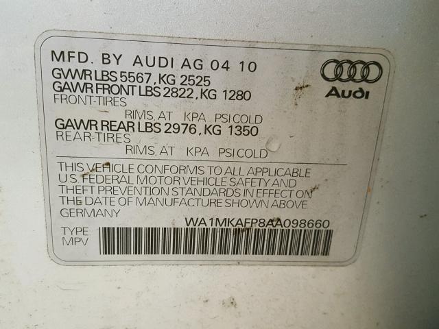 WA1MKAFP8AA098660 - 2010 AUDI Q5 PREMIUM SILVER photo 10