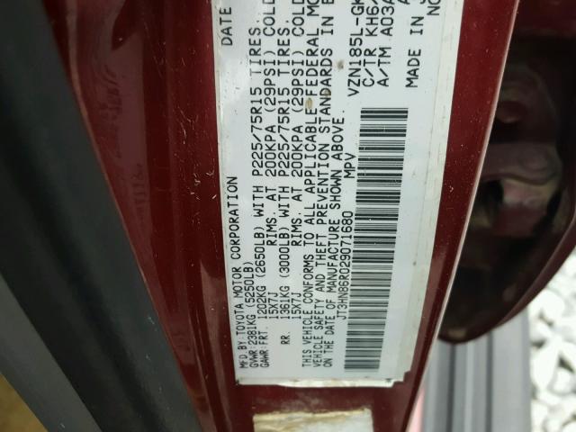 JT3HN86R029071680 - 2002 TOYOTA 4RUNNER SR BURGUNDY photo 10