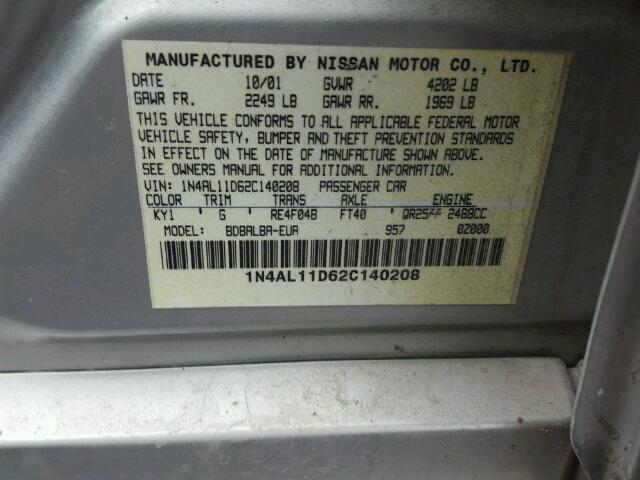 1N4AL11D62C140208 - 2002 NISSAN ALTIMA BAS SILVER photo 10