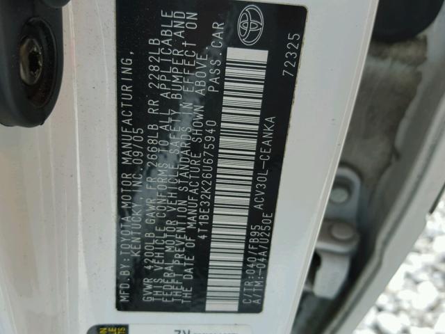 4T1BE32K26U675940 - 2006 TOYOTA CAMRY LE WHITE photo 10