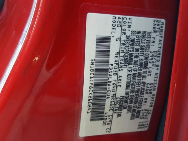 3N1BC1CP8CK260841 - 2012 NISSAN VERSA S RED photo 10