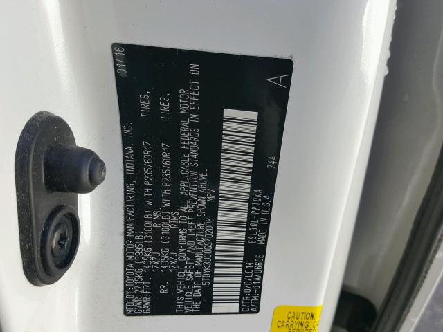 5TDYK3DC0GS702006 - 2016 TOYOTA SIENNA WHITE photo 10