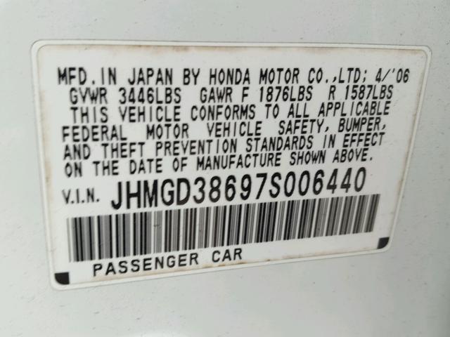 JHMGD38697S006440 - 2007 HONDA FIT S WHITE photo 10