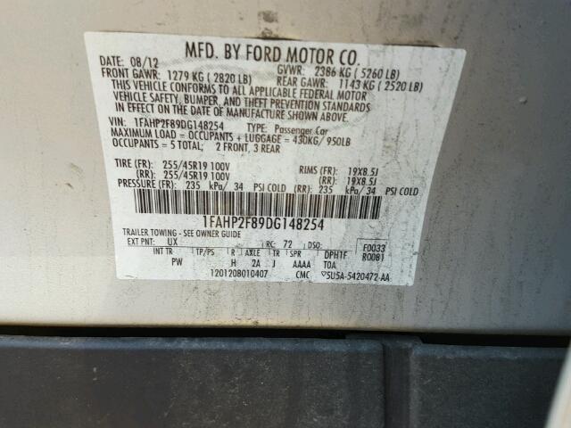 1FAHP2F89DG148254 - 2013 FORD TAURUS LIM SILVER photo 10