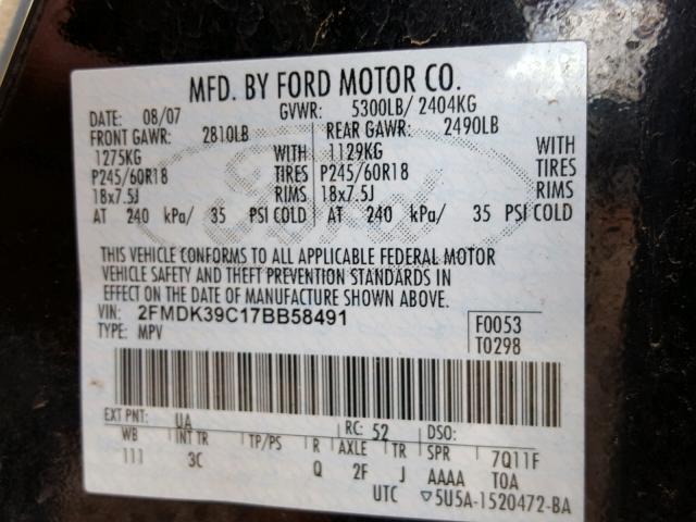 2FMDK39C17BB58491 - 2007 FORD EDGE SEL P BLACK photo 10