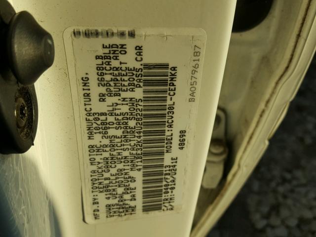 4T1BE32K44U282275 - 2004 TOYOTA CAMRY LE WHITE photo 10