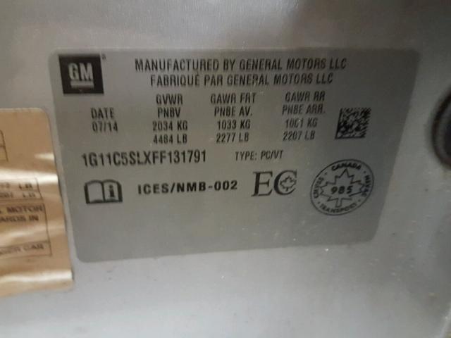 1G11C5SLXFF131791 - 2015 CHEVROLET MALIBU 1LT ვერცხლისფერი ფოტო 10