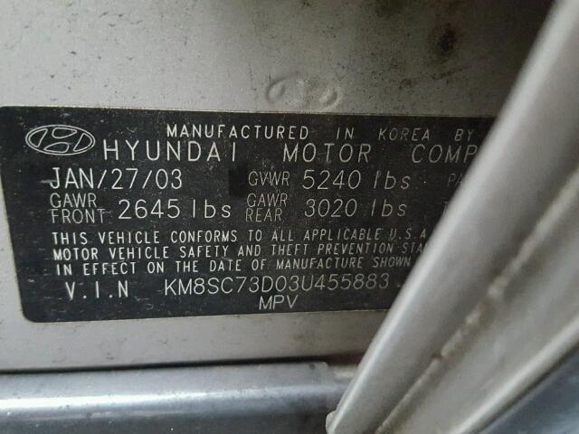 KM8SC73D03U455883 - 2003 HYUNDAI SANTA FE G SILVER photo 10