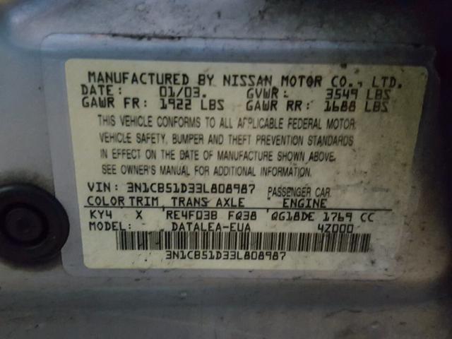 3N1CB51D33L808987 - 2003 NISSAN SENTRA XE SILVER photo 10