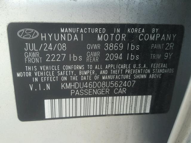 KMHDU46D08U562407 - 2008 HYUNDAI ELANTRA GL SILVER photo 10