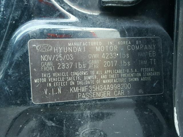 KMHWF35H34A998200 - 2004 HYUNDAI SONATA GLS BLACK photo 10