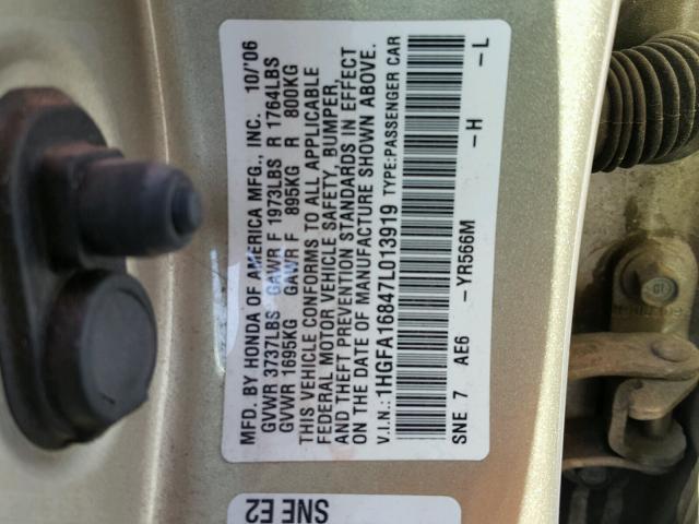 1HGFA16847L013919 - 2007 HONDA CIVIC GOLD photo 10