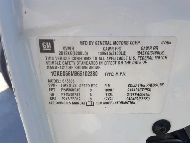 1GKES66M866102380 - 2006 GMC ENVOY DENA WHITE photo 10