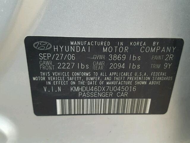 KMHDU46DX7U045016 - 2007 HYUNDAI ELANTRA GL SILVER photo 10