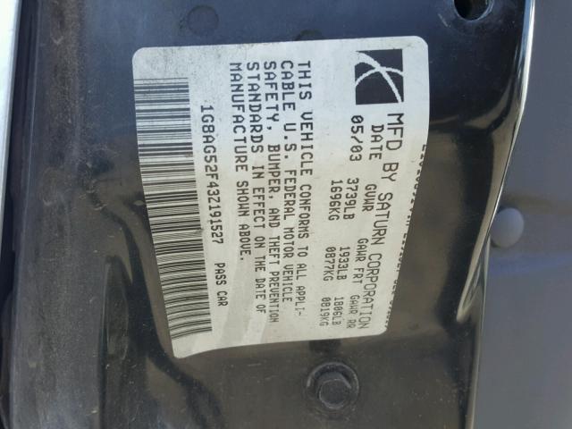 1G8AG52F43Z191527 - 2003 SATURN ION LEVEL SILVER photo 10