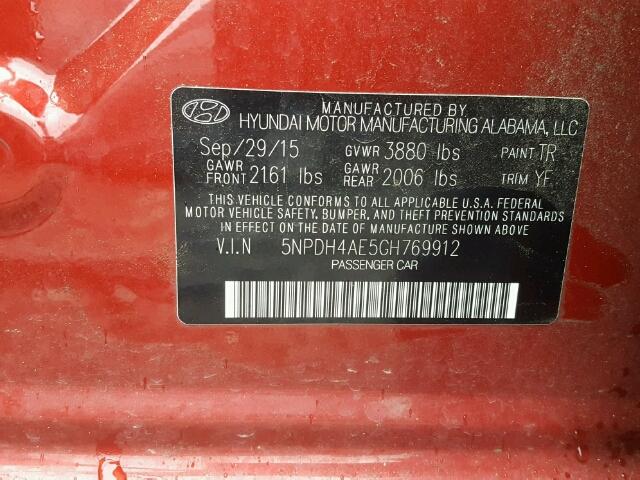 5NPDH4AE5GH769912 - 2016 HYUNDAI ELANTRA SE RED photo 10