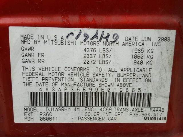 4A3AB36F99E019865 - 2009 MITSUBISHI GALANT RED photo 10