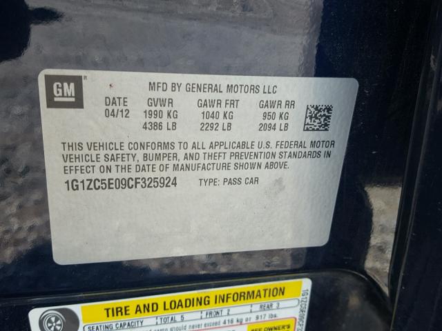 1G1ZC5E09CF325924 - 2012 CHEVROLET MALIBU 1LT BLUE photo 10