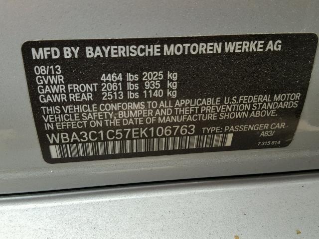 WBA3C1C57EK106763 - 2014 BMW 328 I SULE SILVER photo 10