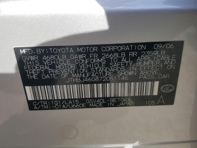 JTHBJ46G872051146 - 2007 LEXUS ES 350 SILVER photo 10