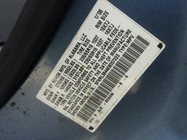 5FNRL38446B057223 - 2006 HONDA ODYSSEY EX BLUE photo 10