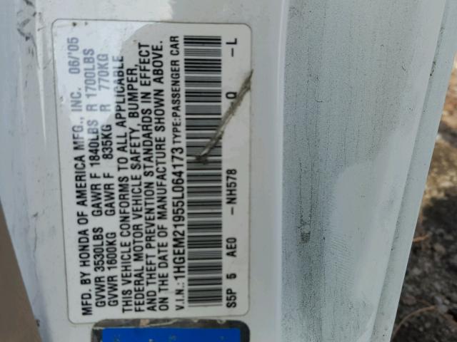 1HGEM21955L064173 - 2005 HONDA CIVIC EX თეთრი ფოტო 10