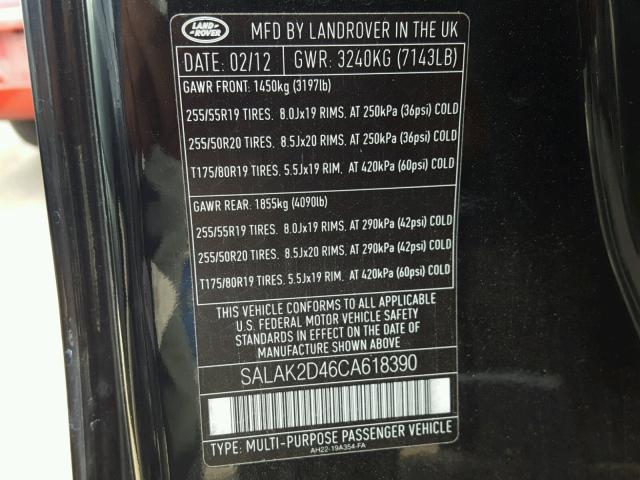 SALAK2D46CA618390 - 2012 LAND ROVER LR4 HSE LU BLACK photo 10