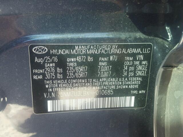 5NMZU3LBXHH010685 - 2017 HYUNDAI SANTA FE S 蓝色 照片 10
